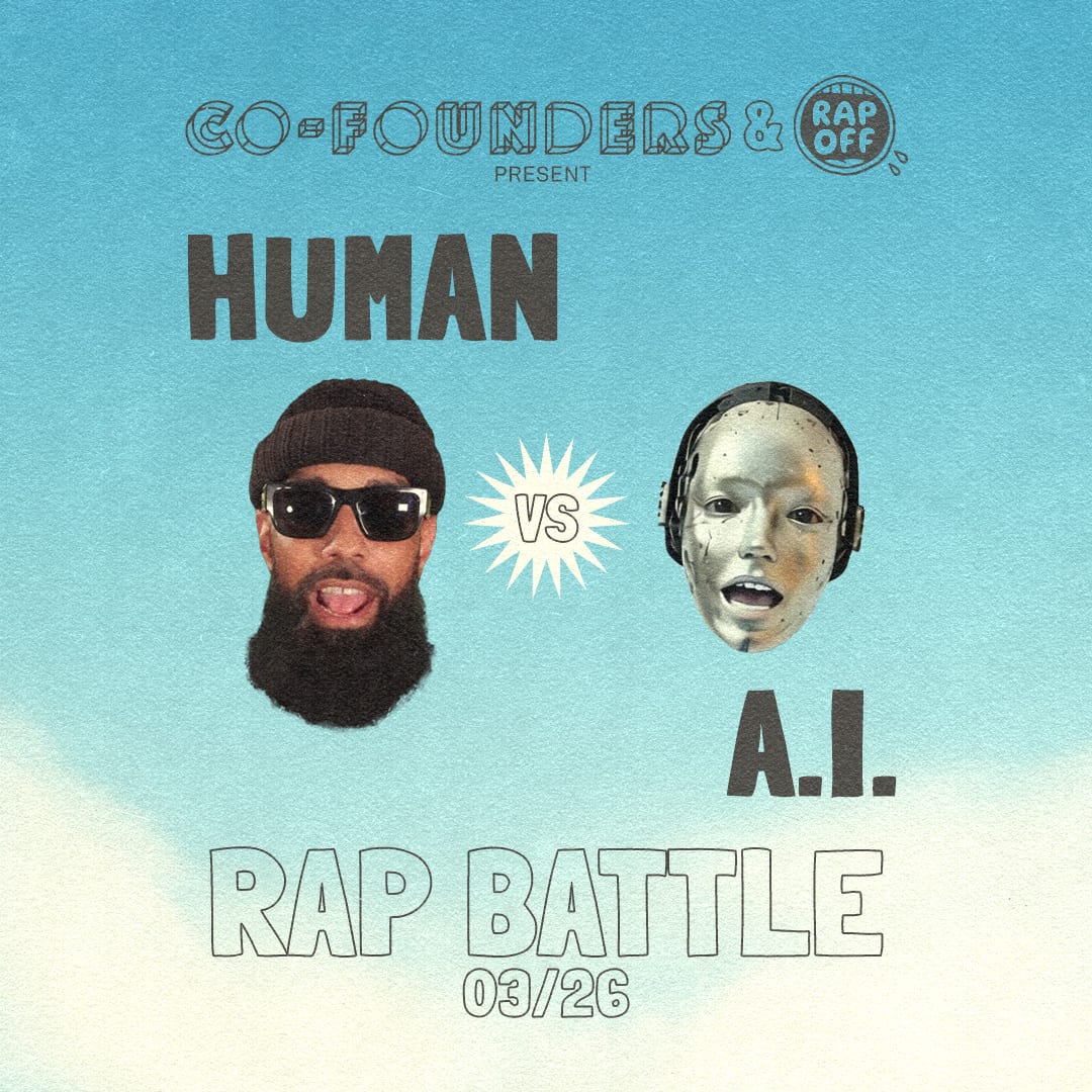 Flyer for RapOff's concept rap between a human and AI, featuring Pass as the human.