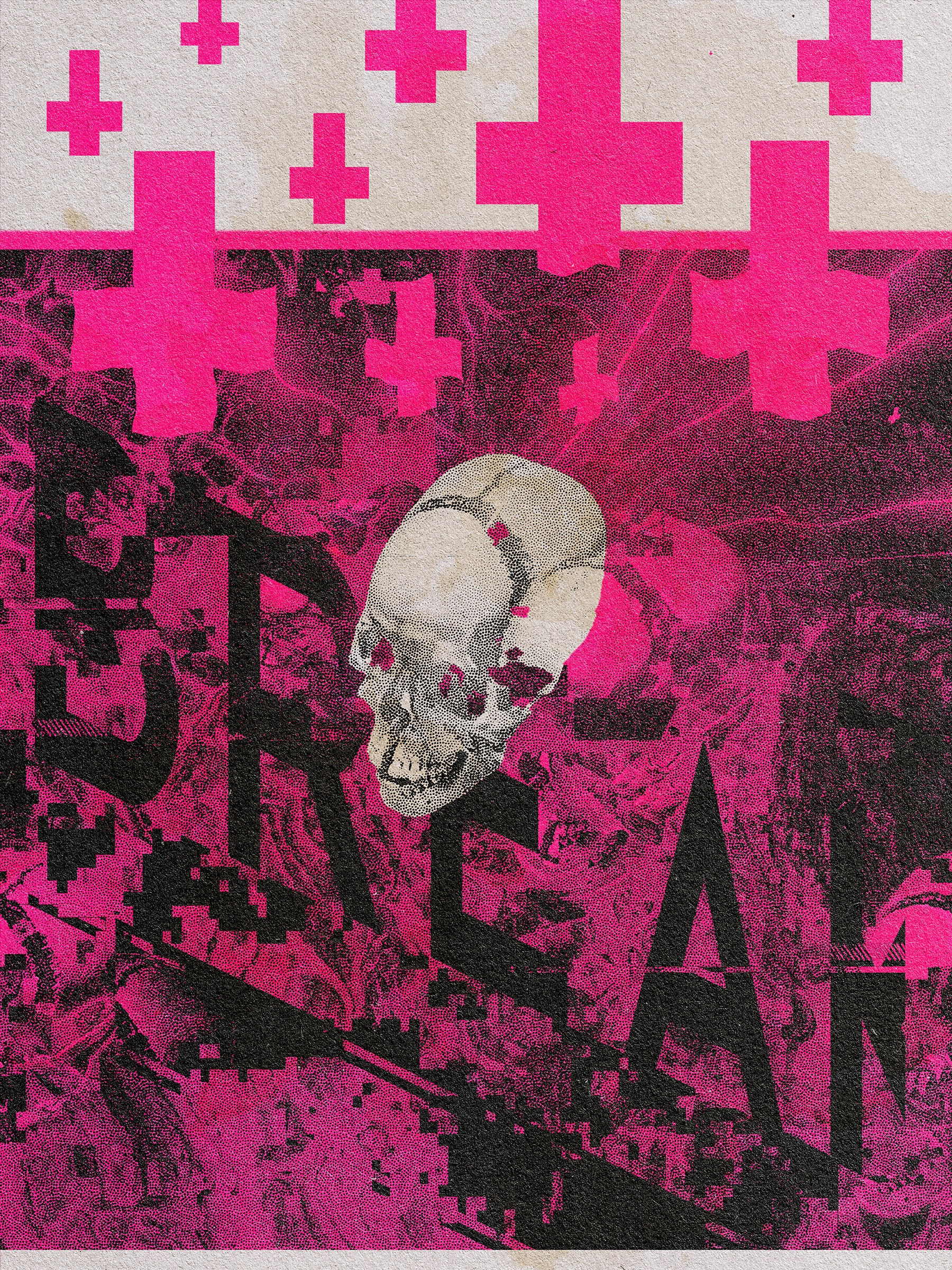 A personal poster made with halftone patterns, textures and a collage style depicting a picture of a skull that I took at an Amsterdam museum and a lot of distortion/noise.