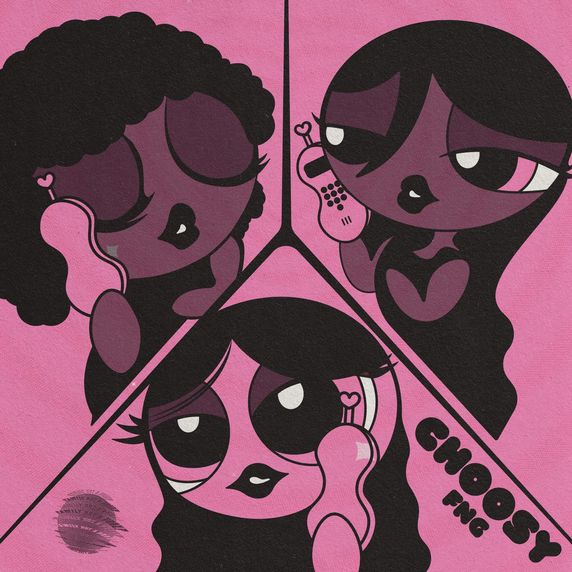 Cover Art for Choosy featuring FNG members ASH, Cynny & sundaY. The art was inspired by the Power Puff Girls.
