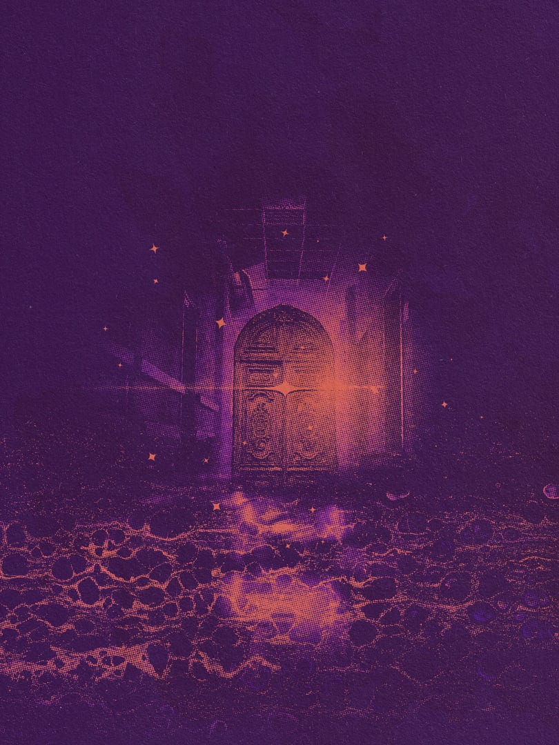 An ominous and almost ethereal door sits in an unlikely place. The artwork is made up of a mixture between a collage of photography, clean cut shapes and half-tone or duo-tone effects in mostly deep purple.