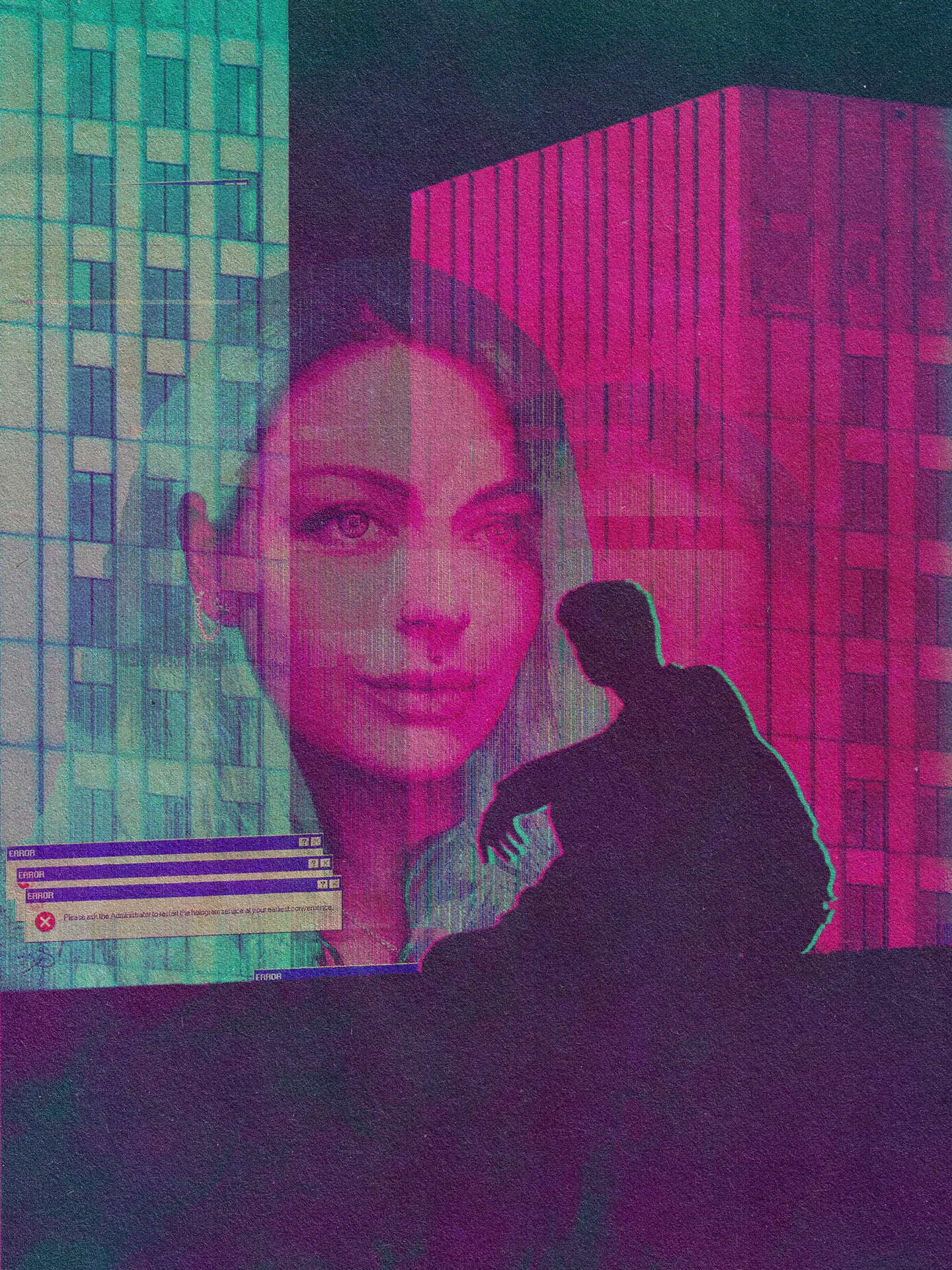 A poster inspired by the scene with a massive holographic lady in BladeRunner featuring my good friend Dani as a model.