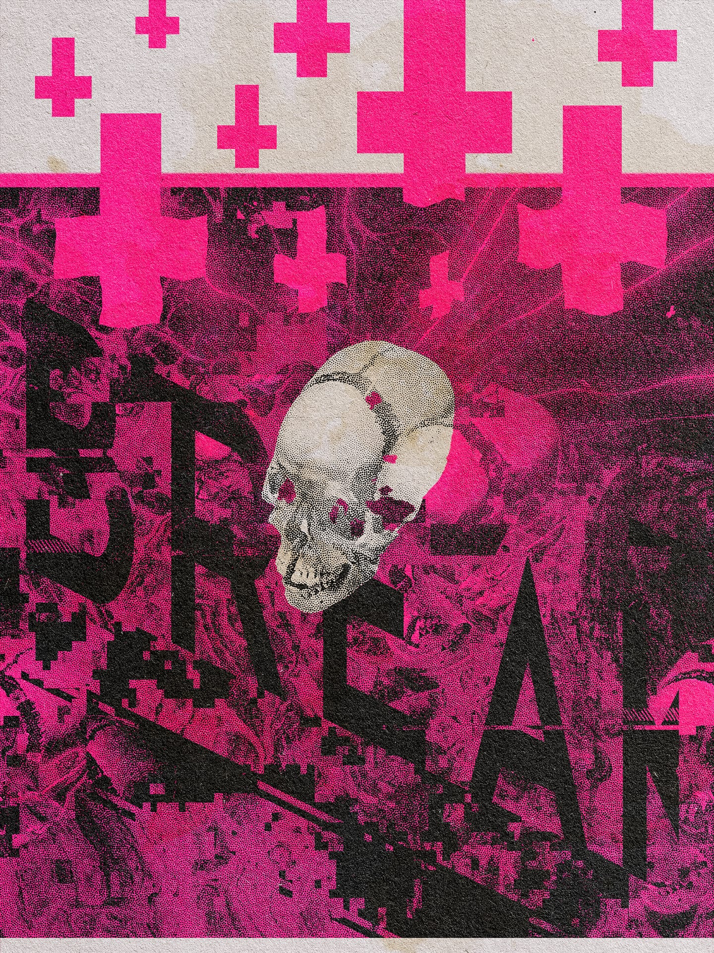 A personal poster made with halftone patterns, textures and a collage style depicting a picture of a skull that I took at an Amsterdam museum and a lot of distortion/noise.