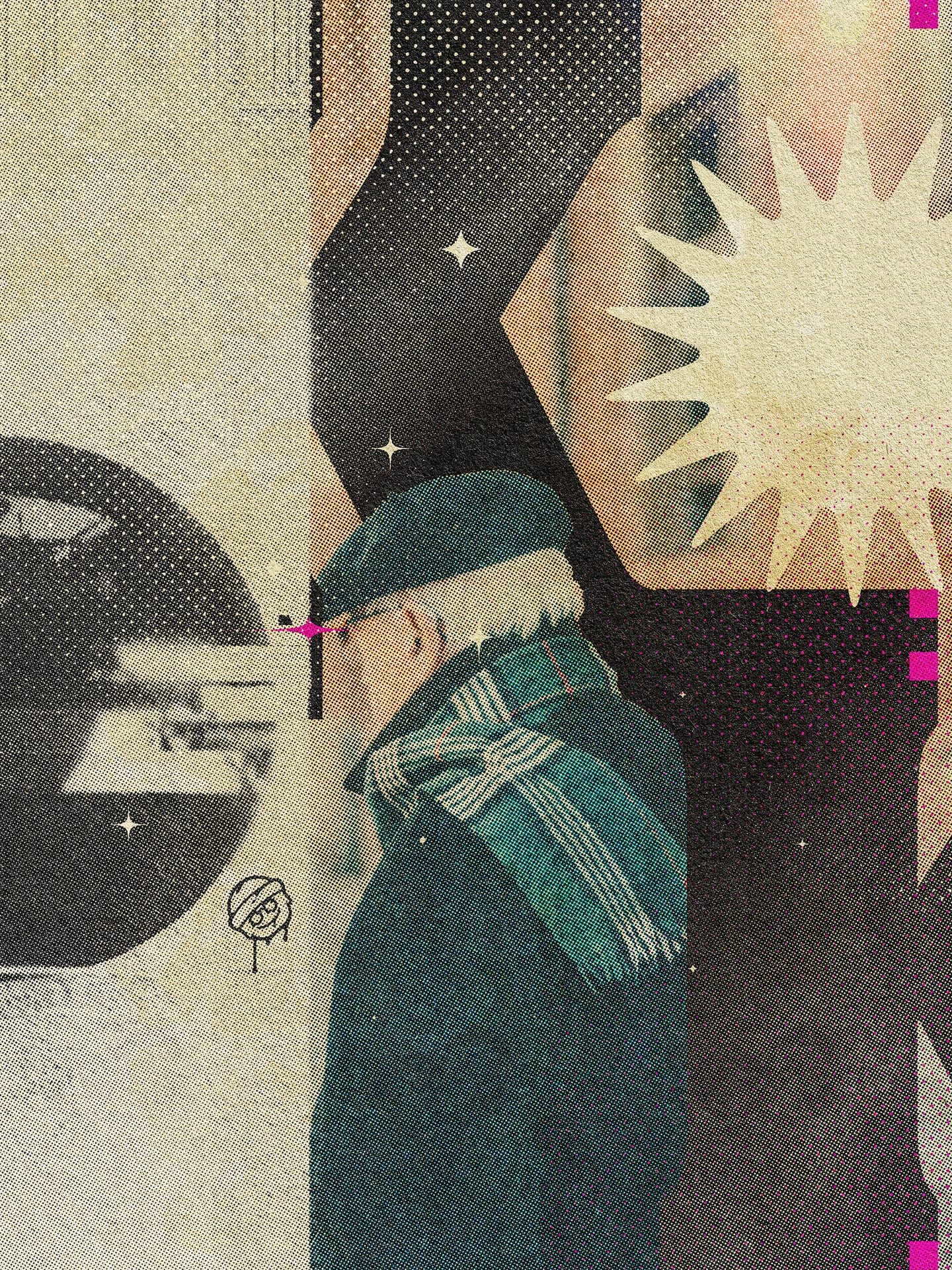 A personal poster using stock images of an old man, shapes made in Illustrator, and noisey textures — the static version of the Old Glitch piece.