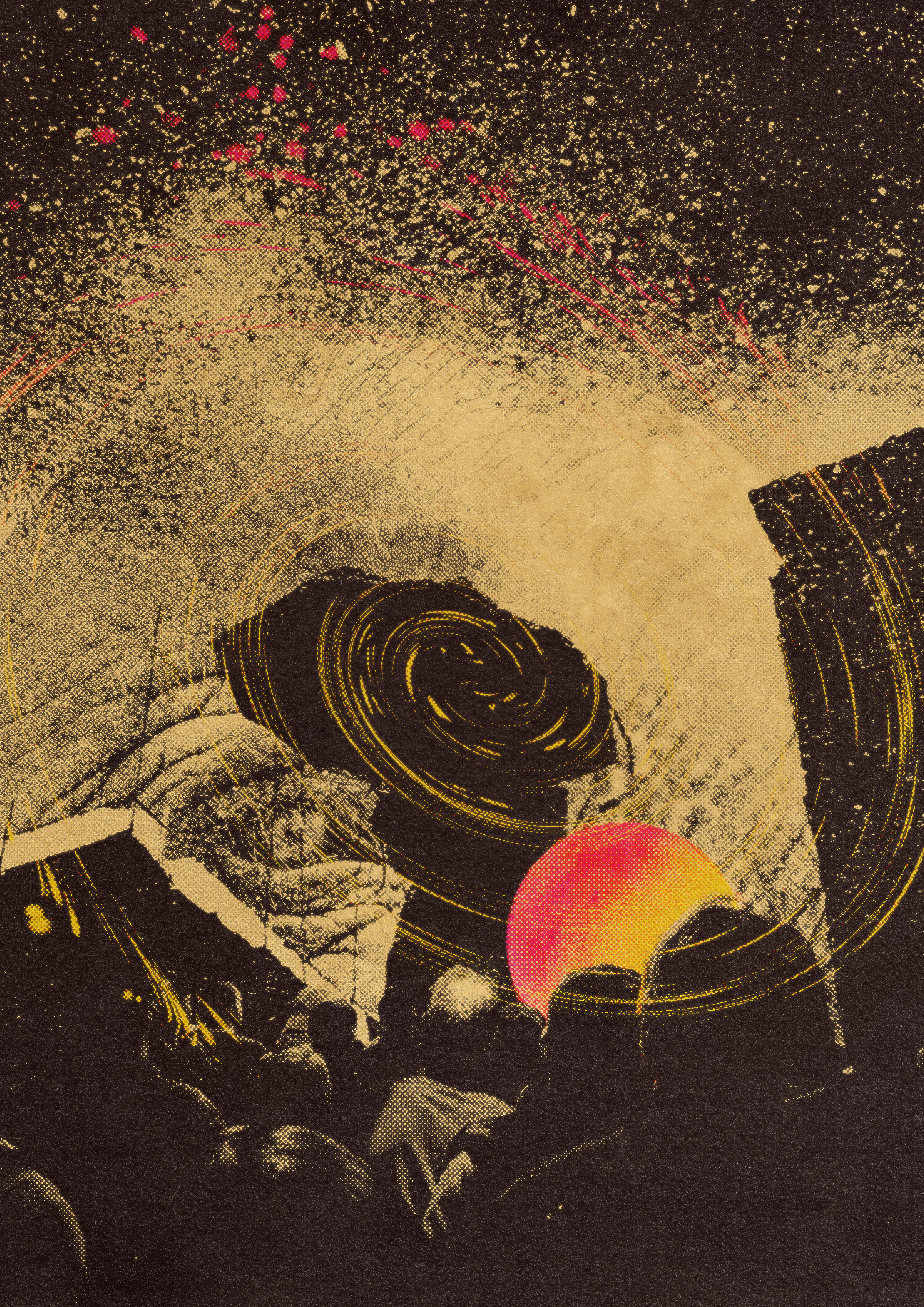 A personal poster made in November 2025 using collages of various stock images, glitchy effects, halftone patterns and textures.